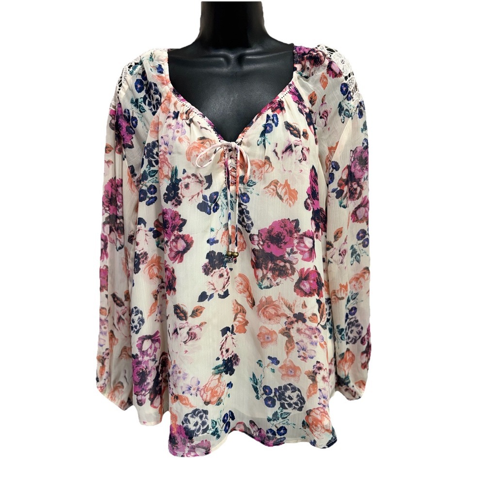Vintage America Chiffon Cream/Multi Floral Long Sleeve Lined Blouse Size M Tie‎